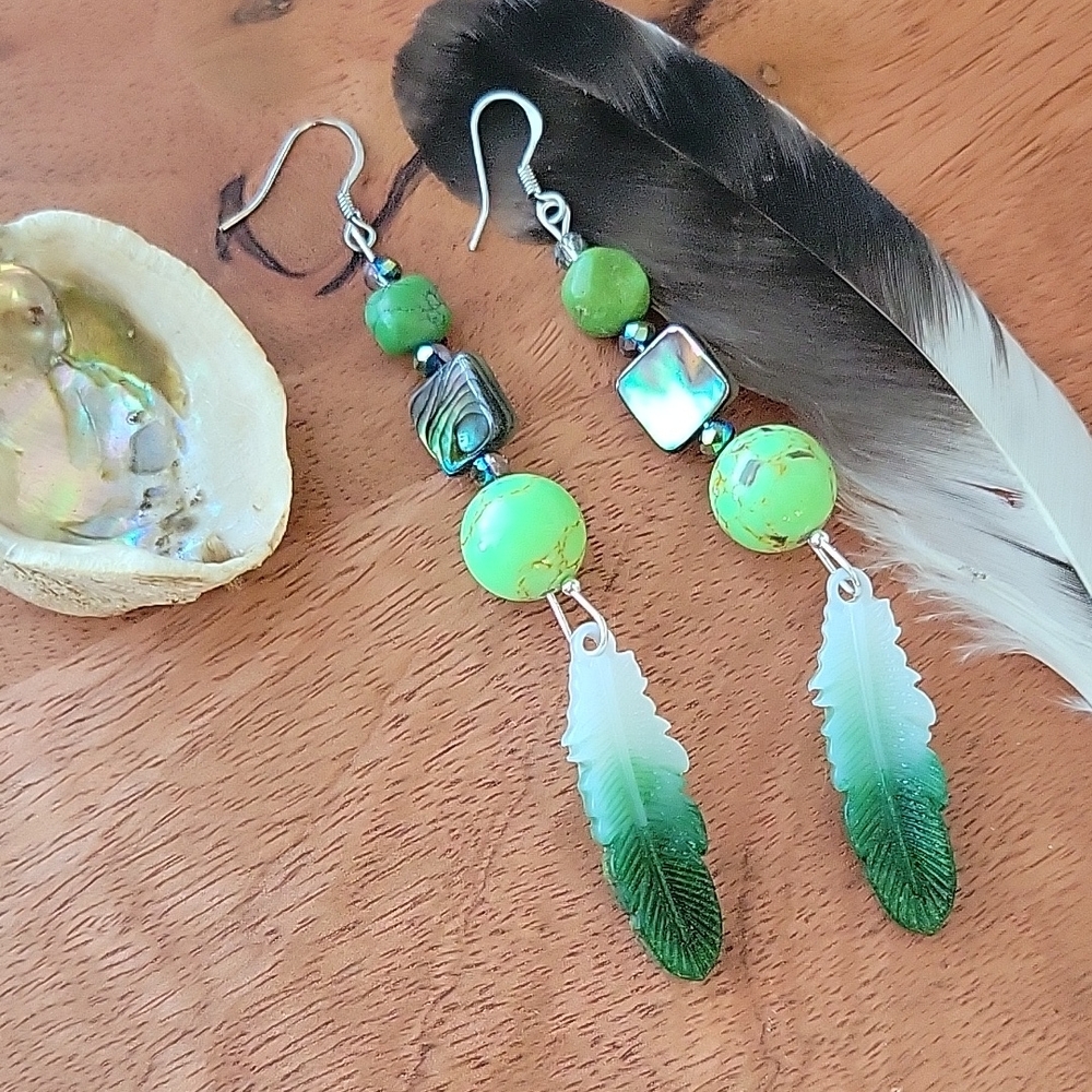 Southwestern Green Turquoise Abalone Shell Acrylic Feather Earrings Boho Western